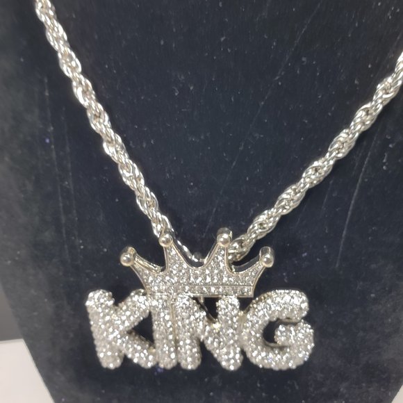 Jewel House Silver tone 30 Inches Chunky Chain Necklace KING Rhinestone Pendant - Picture 5 of 8